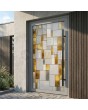 Außentür aus Aluminium mit Scharnieren und silberfarbenem Buntglas