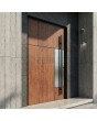 Anthrazitfarbene Aluminium-Haustür mit Holzstruktur und Edelstahl-Dekor