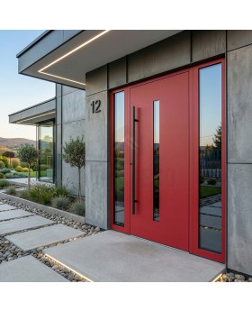 Rote Außentür aus Aluminium mit Glaseinsätzen links und rechts