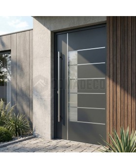 Dunkle anthrazitfarbene, luxuriöse, moderne Aluminium-Haustür mit Glas
