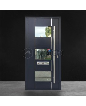 Anthrazitfarbene, thermisch isolierte, moderne Aluminium-Eingangstür mit Glas