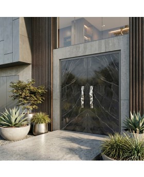 Doppeltür aus schwarzem Aluminium, verkleidet mit gesintertem Quarz in der Farbe „Calacatta Black“