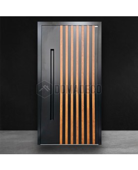 Schwarze Aluminium-Außentür mit vertikalen Lamellen aus Aluminiumprofilen