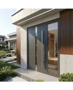 Anthrazitfarbene, moderne Aluminium-Haustür mit rechtsseitiger Glasscheibe