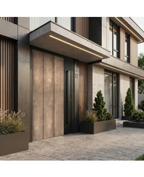 Aluminium-Eingangstür mit Scharnieren und Nickel-Gold-Struktur aus gefrästem Metall