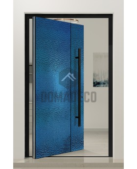 PIVOT B3 – Aluminium-Drehtür mit blauer Edelstahlverkleidung
