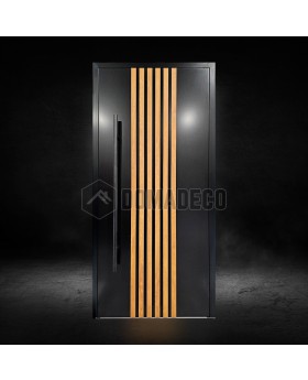 Schwarze Aluminium-Haustür mit vertikalen Lamellen aus Aluminiumprofilen
