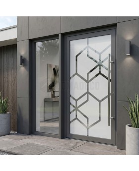 Sicherheitstür aus mattiertem Aluminium in Anthrazit mit transparentem Dekor