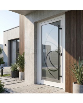 Weiße Aluminium-Fronttür mit mattierter Oberfläche und transparentem Dekor