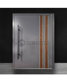 Anthrazitfarbene Aluminium-Haustür mit Walnuss-Holzdekor
