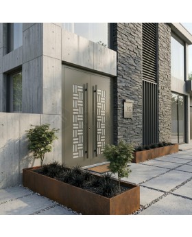 Doppelflügelige Eingangstür aus olivgrauem Aluminium mit Zierglas