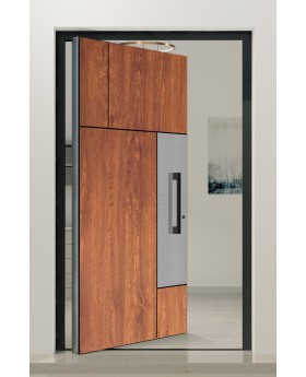 PIVOT V35 – Eingangstür aus Aluminium mit Holzstruktur und Edelstahl-Dekor
