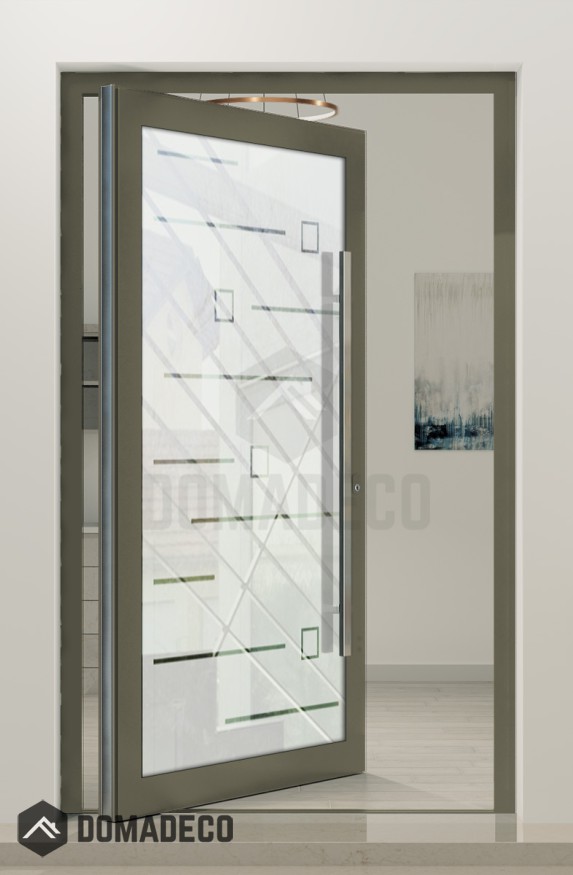 PIVOT Glass S20 - aluminum frosted pivot door with with transparent motif
